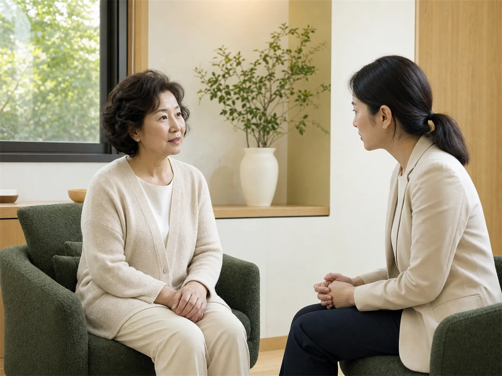 의료진과 차분하게 대화를 나누는 중년 여성