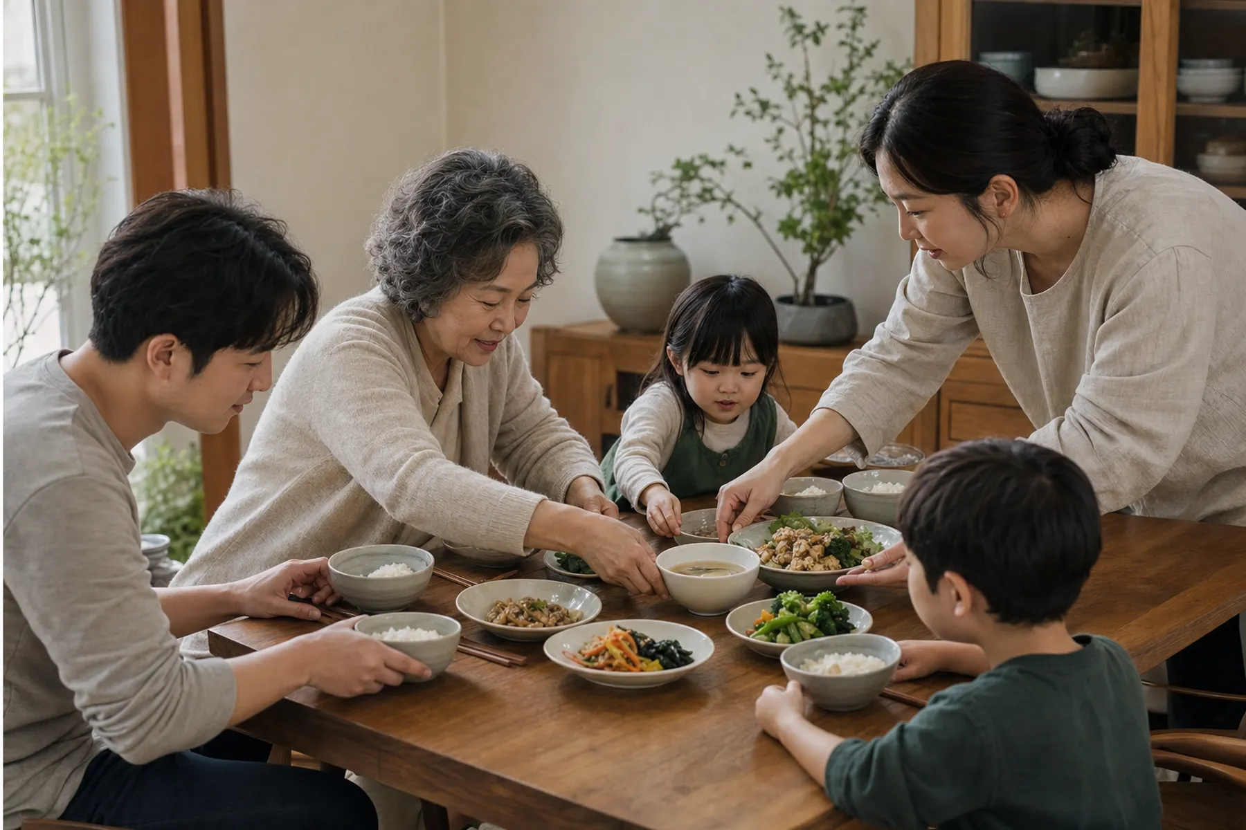여러 세대의 가족이 함께 차리는 소박한 저녁 식탁