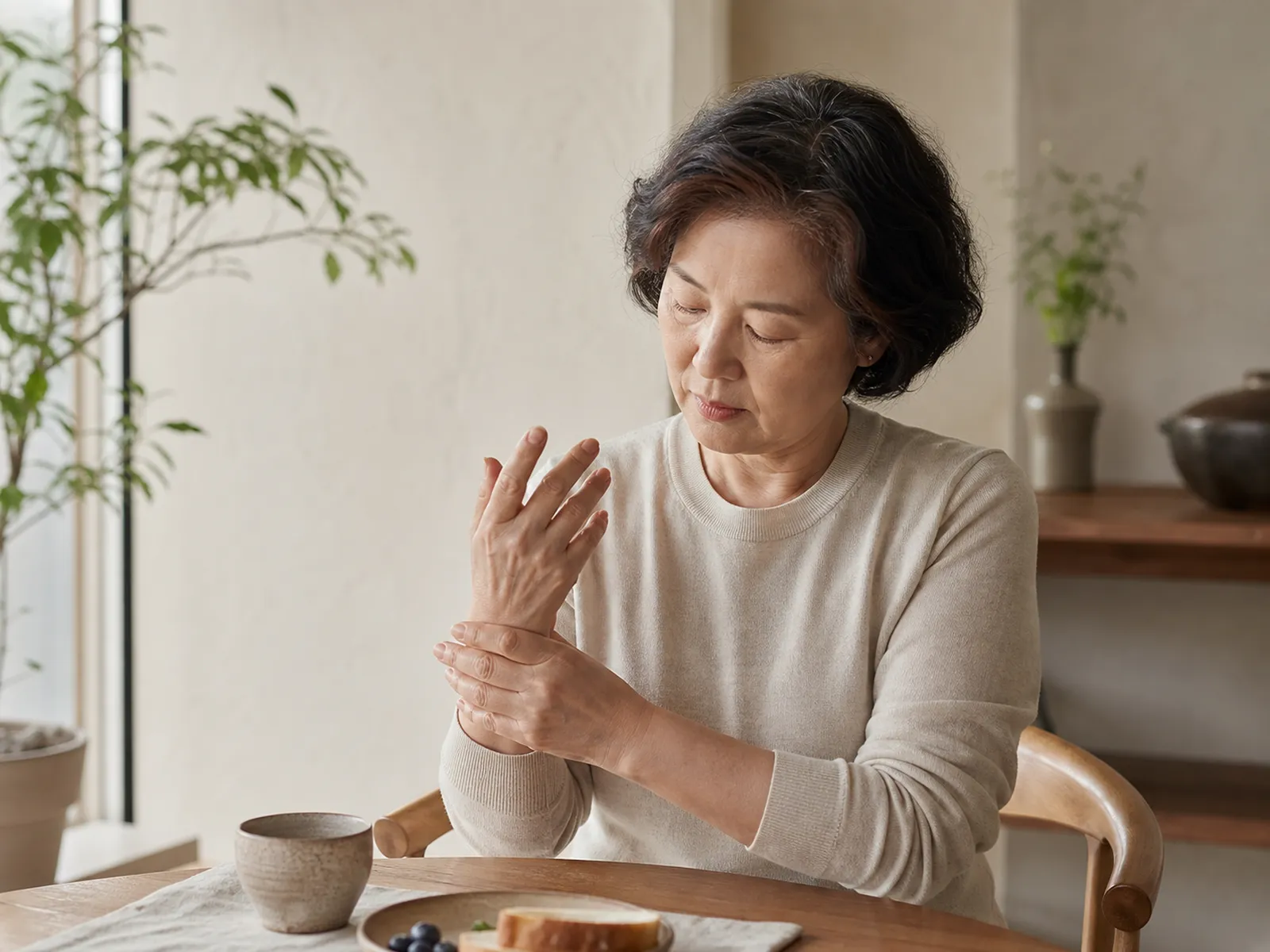 아침 햇살 아래 손의 작은 변화를 살피는 중년 여성